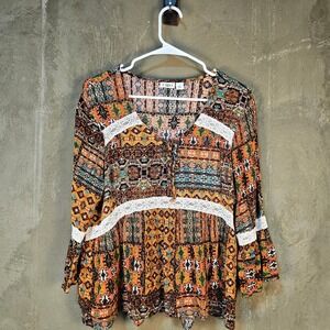 Cato Boho Patchwork Tribal Peplum Top XL Lace Bell Sleeve Blouse Orange Festival